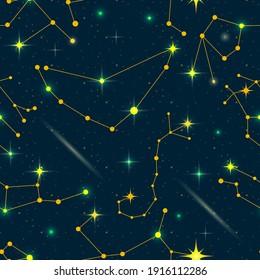 Zodiac constellations seamless pattern. Vector space and stars illustration. 12 zodiac constellations on dark night sky background with stars, astrology, astronomy spiritual vector design elements