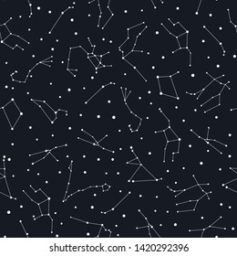 Zodiac constellations seamless pattern. White stars on the dark sky seamless wallpaper. Perfect for banners, posters, prints, fabric, textile, etc.