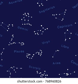 Zodiac constellations seamless sky design. Star Space vector pattern