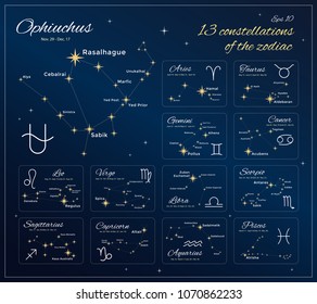 Zodiac Constellations Set. 13 Constellations with titles, dates and proper names of stars. Horoscope. Zodiac signs. Vector illustration