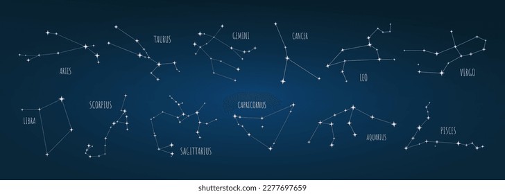 Constelaciones de zodiaco con nombres en fondo azul oscuro