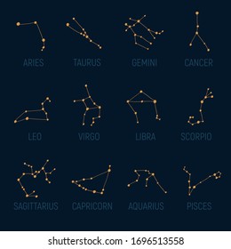 Zodiac constellations set on the night sky background