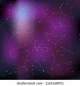 Zodiac Constellations Set. Zodiac signs: Aries, Taurus, Gemini, Cancer, Leo, Virgo, Libra, Scorpio, Sagittarius, Capricorn, Aquarius, Pisces. Star universe background. Vector illustration