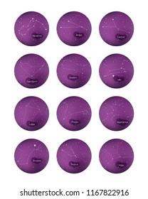 Zodiac Constellations Set. Zodiac signs: Aries, Taurus, Gemini, Cancer, Leo, Virgo, Libra, Scorpio, Sagittarius, Capricorn, Aquarius, Pisces. Vector illustration