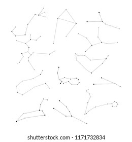 Zodiac Constellations Set. Zodiac signs: Aries, Taurus, Gemini, Cancer, Leo, Virgo, Libra, Scorpio, Sagittarius, Capricorn, Aquarius, Pisces. Black icons. Vector illustration