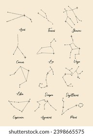  Zodiac constellations set. Vector graphics
