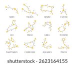 Zodiac constellations set. Vector isolated astrological signs star chart. Twelve constellation schemes with cute stars and doodles. Simple clip art design, astrology elements collection.
