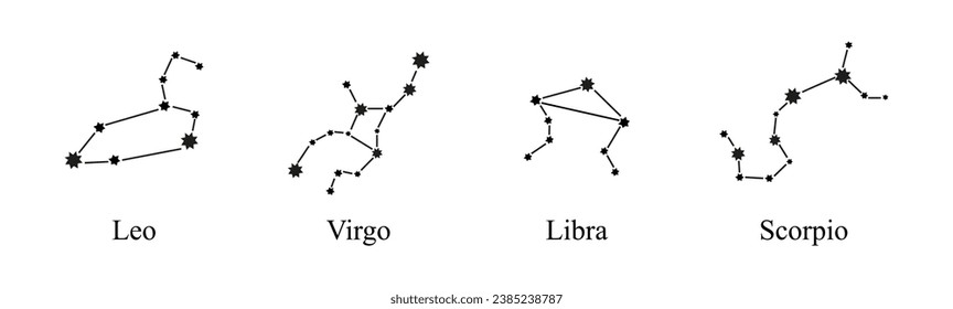 Los signos de las constelaciones de zodiaco son vectores. Constelaciones, colección de signos de zodiaco con nombres. Iconos Astrológicos de Horoscopio.