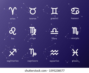 Zodiac constellations signs and stars. A pack of aries, taurus, gemini, cancer, leo, virgo, libra, scorpio, sagittarius, capricorn, aquarius, pisces. 