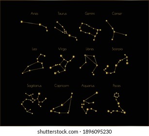 zodiac constellations vector illustration, zodiac gold constellations