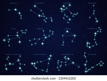 Zodiac constellations vector illustrations set. Capricorn, Aries, Leo astrological symbols. Connected blue glowing stars on night sky map background. Libra, Virgo, Gemini on space backdrop