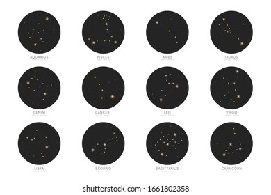 Zodiac constellations vector set on black circle backgrounds. Astrology signs, zodiacal calendar dates, star map. Mystic or esoteric symbols.