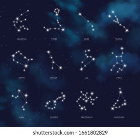 Vectores de constelaciones de zodiaco colocados en el fondo del cielo nocturno. Signos de astrología, fechas del calendario zodiacal, mapa de estrellas. Símbolos místicos o esotéricos.