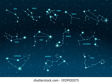 Zodiac constellations. Vector space and stars illustration. 12 zodiac constellations on dark night sky background with stars, astrology, astronomy spiritual vector design elements