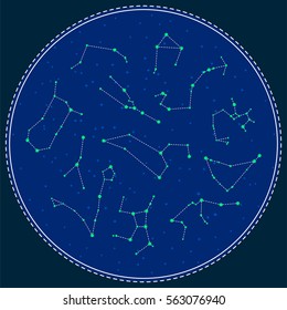 Zodiac constellations vector symbols in a blue circle. Astrology stars signs on blue cosmic background.