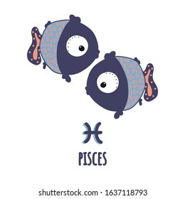 Zodiac cute cartoon vector illustration of Fish sign horoscope. Two cartoon-style hand-drawn characters, the sign of the month and the inscription fish isolated on a white background.flat.