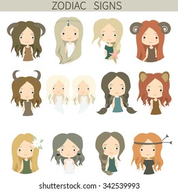 Zodiac. Cute girls, zodiac signs.Vector illustration