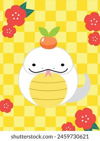  Zodiac cute snake with tangerine. Cute cartoon snake with tongue sticking out for chinese new year 2025 greeting card.