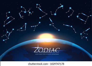 Zodiac Design concept astrology sings around the world. Horoscope set: Leo, Virgo, Scorpio, Libra, Aquarius, Sagitarius, Pisces, Capricorn, Taurus, Aries, Gemini, Cancer. EPS Vector illustration.