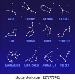 Zodiac Design. Horoscope set: Leo, Virgo, Scorpio, Libra, Aquarius, Sagitarius, Pisces, Capricorn, Taurus, Aries, Gemini, Cancer. Vector illustration