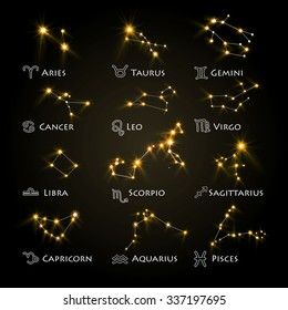 Zodiac Design. Horoscope set: Leo, Virgo, Scorpio, Libra, Aquarius, Sagitarius, Pisces, Capricorn, Taurus, Aries, Gemini, Cancer. Vector illustration