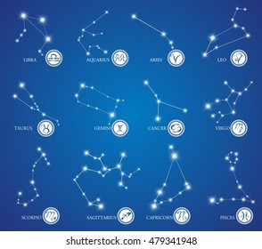 Zodiac Design. Horoscope set: Leo, Virgo, Scorpio, Libra, Aquarius, Sagitarius, Pisces, Capricorn, Taurus, Aries, Gemini, Cancer. Vector illustration