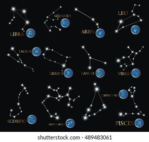 Zodiac Design. Horoscope set: Leo, Virgo, Scorpio, Libra, Aquarius, Sagitarius, Pisces, Capricorn, Taurus, Aries, Gemini, Cancer. Vector illustration