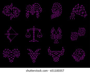 Zodiac Design. Horoscope set: Leo, Virgo, Scorpio, Libra, Aquarius, Sagitarius, Pisces, Capricorn, Taurus, Aries, Gemini, Cancer. Vector illustration.