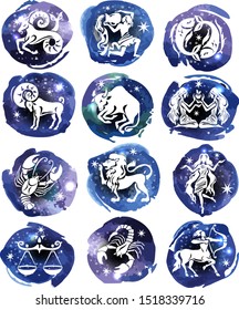 Zodiac Design on watercolor background. Horoscope set