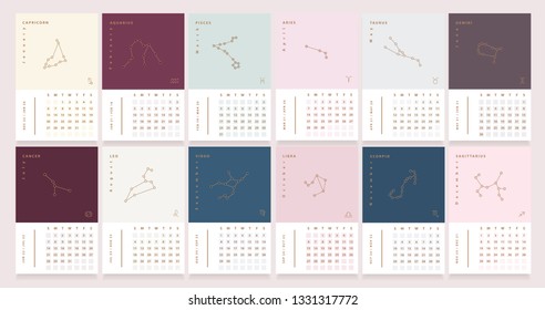 Zodiac Desk Calendar Templates with constellation stars, minimalistic design