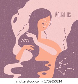 Zodiac esoteric vector sign Aquarius with tender mystic woman in a pink palette. Modern creative design