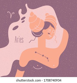 Zodiac esoteric vector sign Aries with tender mystic woman in a pink palette. Modern creative design