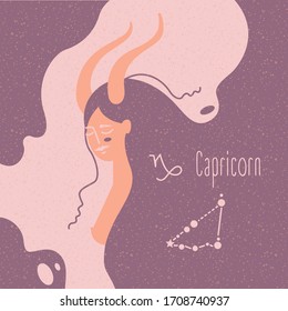Zodiac esoteric vector sign Capricorn with tender mystic woman in a pink palette. Modern creative design