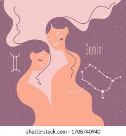 Zodiac esoteric vector sign Gemini with tender mystic woman in a pink palette. Modern creative design