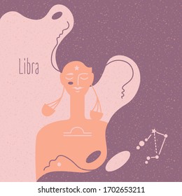 Zodiac esoteric vector sign Libra with tender mystic woman in a pink palette. Modern creative design