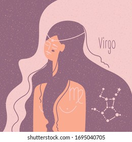 Zodiac esoteric vector sign Virgo for horoscope with tender mystic woman in a pink palette. Modern creative design
