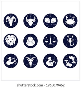 Zodiac flat icons set. Fourth fire signs in zodiac. Birth symbols. Mystic horoscope signs. Astrological science concept.Vector illustration