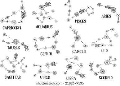 Zodiac Floral Signs Svg Hand Drawn Flower Astrology Horoscope Clipart