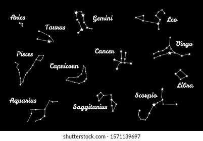 Zodiac Galaxy constellation, zodiac stars collection isolated on black background.