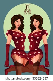 Zodiac: Gemini astrological sign.  Illustration with portrait of a pin up girl. 