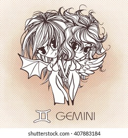  Zodiac: GEMINI astrological sign. Vector illustration of a chibi character. Zodiac: manga and anime style. Zodiac:drawing isolated on white. Design zodiac on vintage background. Zodiac.