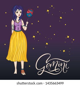 Zodiac Gemini Beautiful Girl Vector Sign. Cartoon horoscope astrology illustration with constellations. Horoscope drawing.