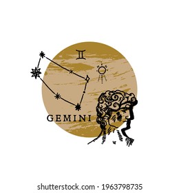 Zodiac Gemini boho magical vintage distressed art symbol or label