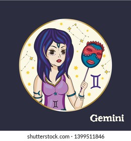 Zodiac Gemini Girl Vector Sign. Cartoon astrology round badge illustration. Horoscope drawing.