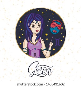 Zodiac Gemini Girl Vector Sign. Cartoon astrology round badge illustration. Horoscope drawing.