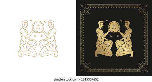 Zodiac gemini horoscope sign line art silhouette design vector illustration. Creative decorative elegant linear astrology zodiac gemini emblem template for logo or poster decoration.