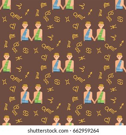 Zodiac gemini seamless pattern horoscope astrology ascendant figure nativity vector astrological calendar background illustration