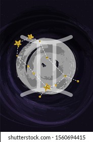 Zodiac Gemini sign A4 print poster with constellation symbol. Vector illustration banner. Wall art cosmic print.
