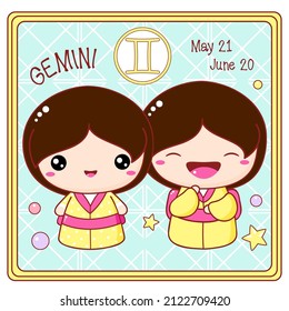 Zodiac Gemini sign character in kawaii style. Cute chibi little girl in kimono. Square card with Zodiac symbol, date of birth and cartoon baby girl. Vector illustration EPS8