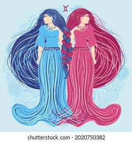 Zodiac, Gemini zodiac sign illustration as a beautiful girl with braids. Vintage zodiac boho style fashion illustration in pastel colors. Against the background of a flower mandala